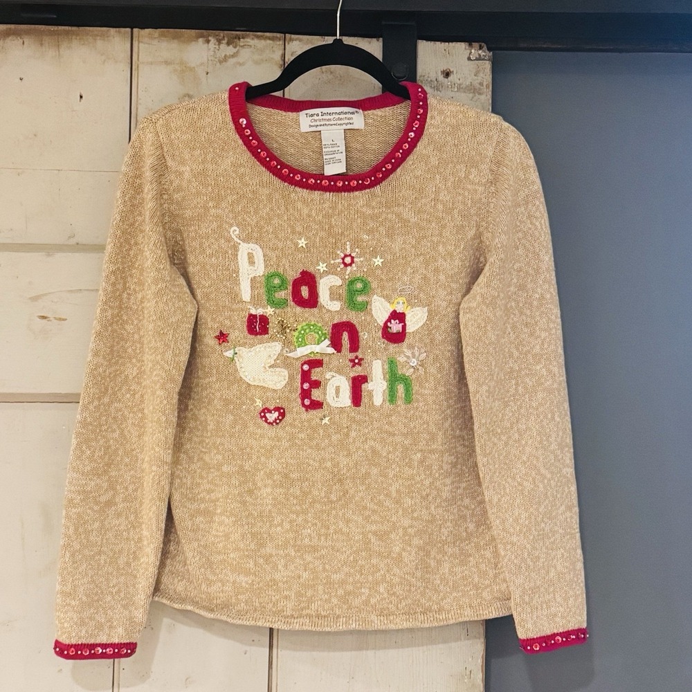 Vintage 90s Ugly Christmas Sweater Peace On Earth Women's L Tiara International